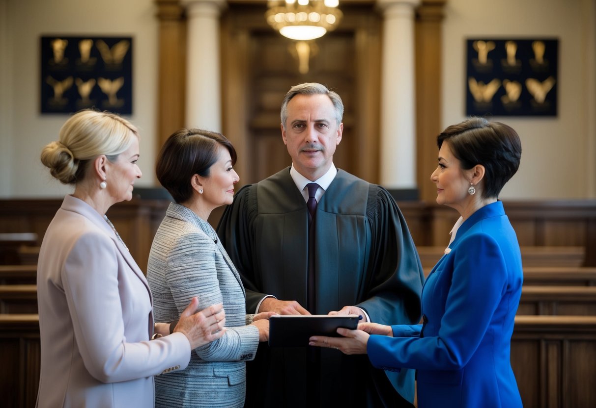A man stands before a judge, flanked by two women, as they discuss the legality of marriage in the UK