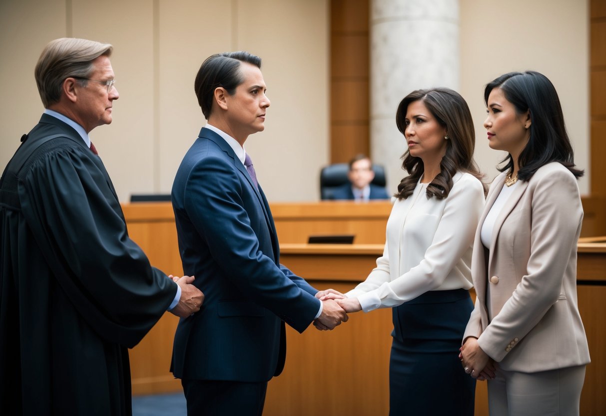 A man stands before a judge, holding hands with two women. The judge looks stern as he listens to the man's plea