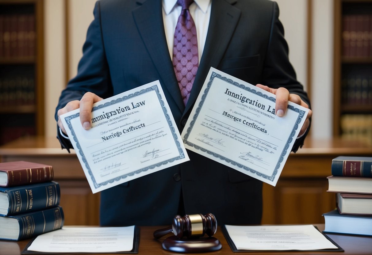 A man stands before a judge, holding two marriage certificates. The judge looks contemplative, surrounded by legal documents and books on immigration law