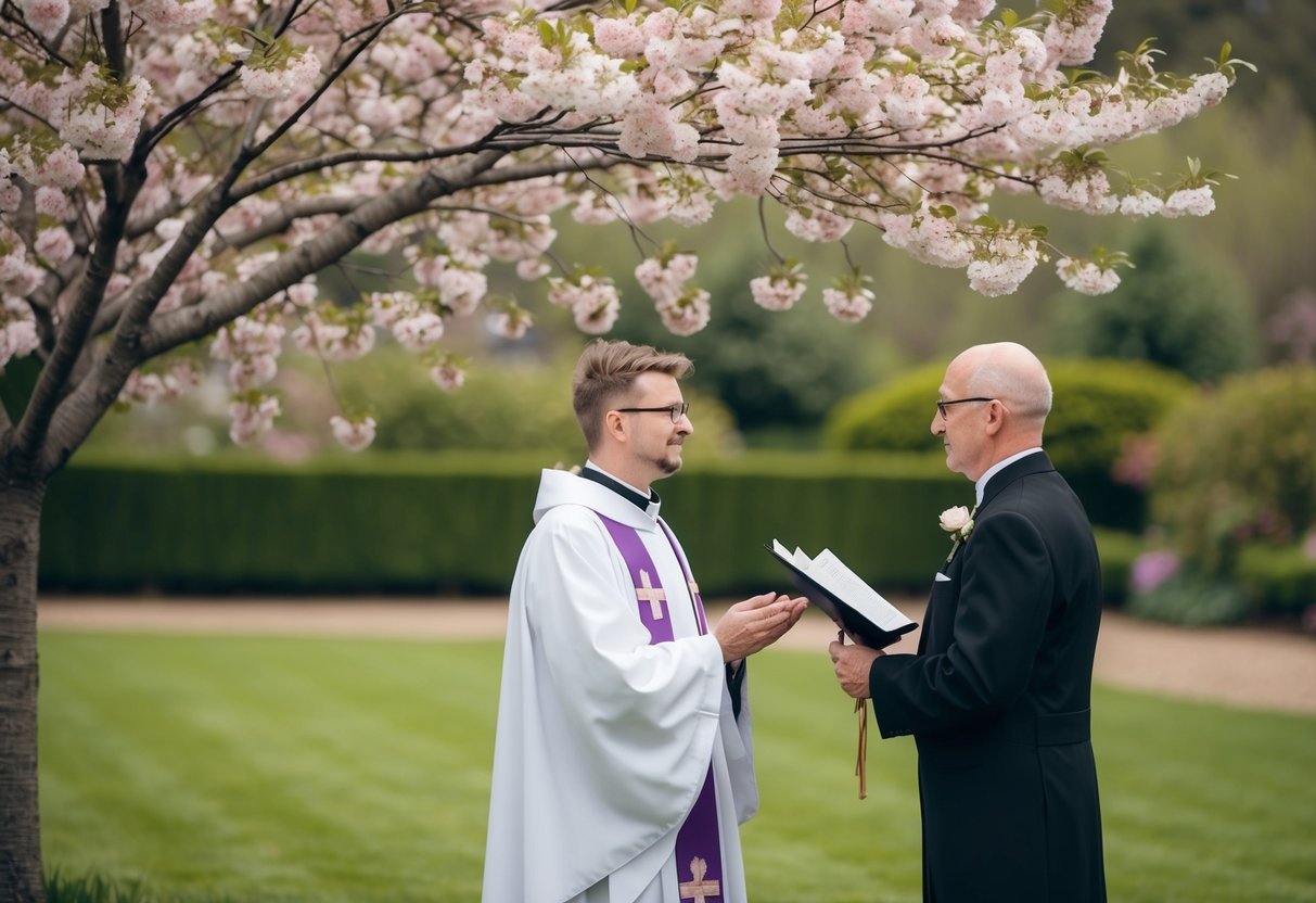 A vicar stands beneath a blooming cherry blossom tree, performing a wedding ceremony for a couple in a serene garden setting