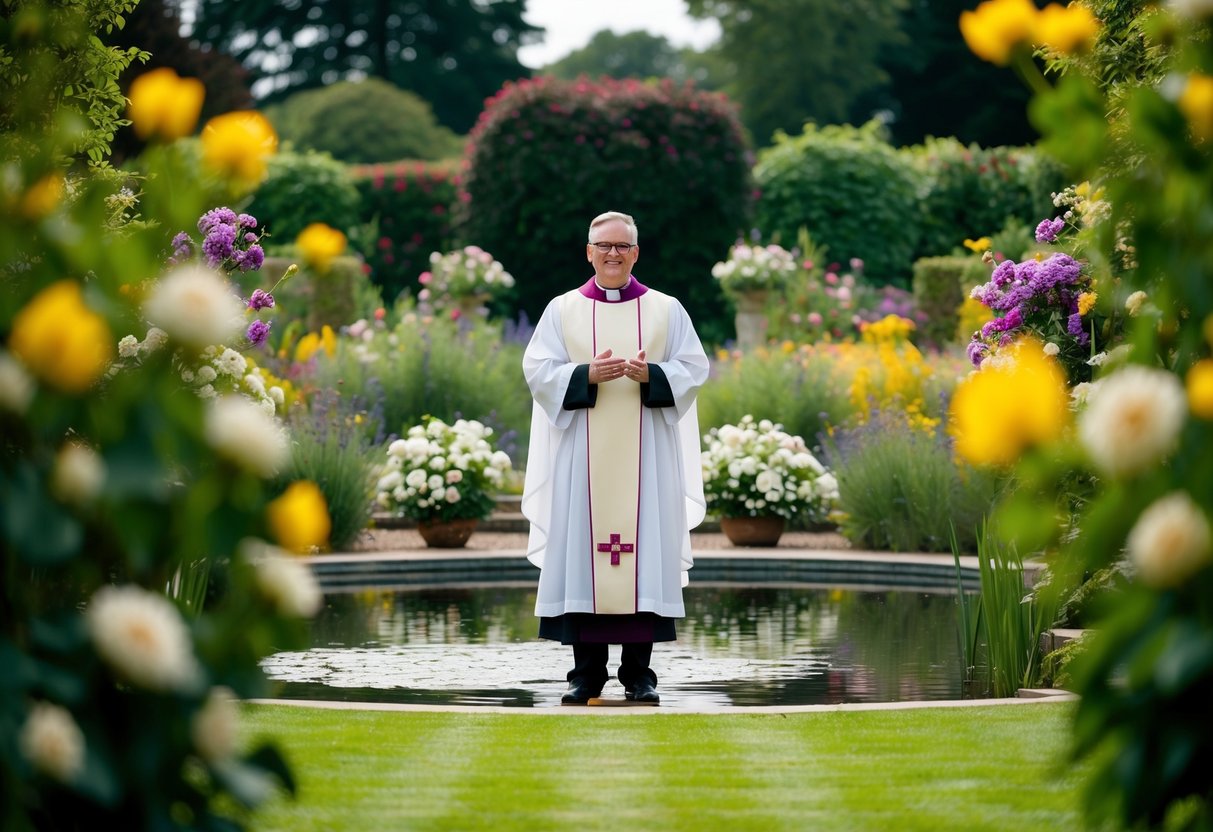 A vicar stands at the center of a lush garden, surrounded by blooming flowers and a tranquil pond, ready to officiate a wedding ceremony