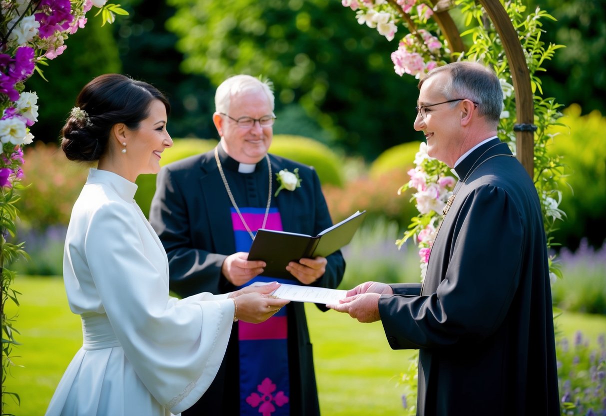 A vicar stands in a lush garden, holding a marriage certificate. A couple stands before them, exchanging vows under a blooming archway