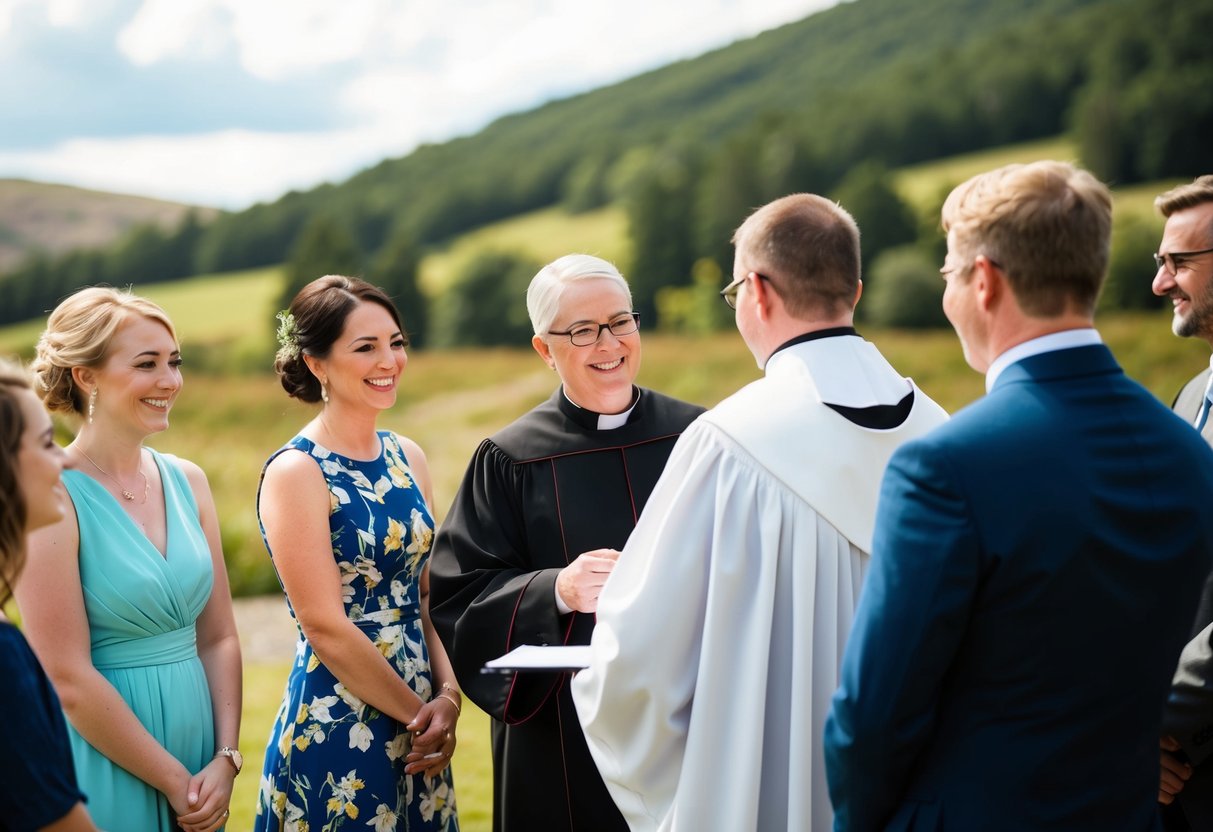 A vicar officiates a wedding in a scenic outdoor location, surrounded by a small group of happy guests