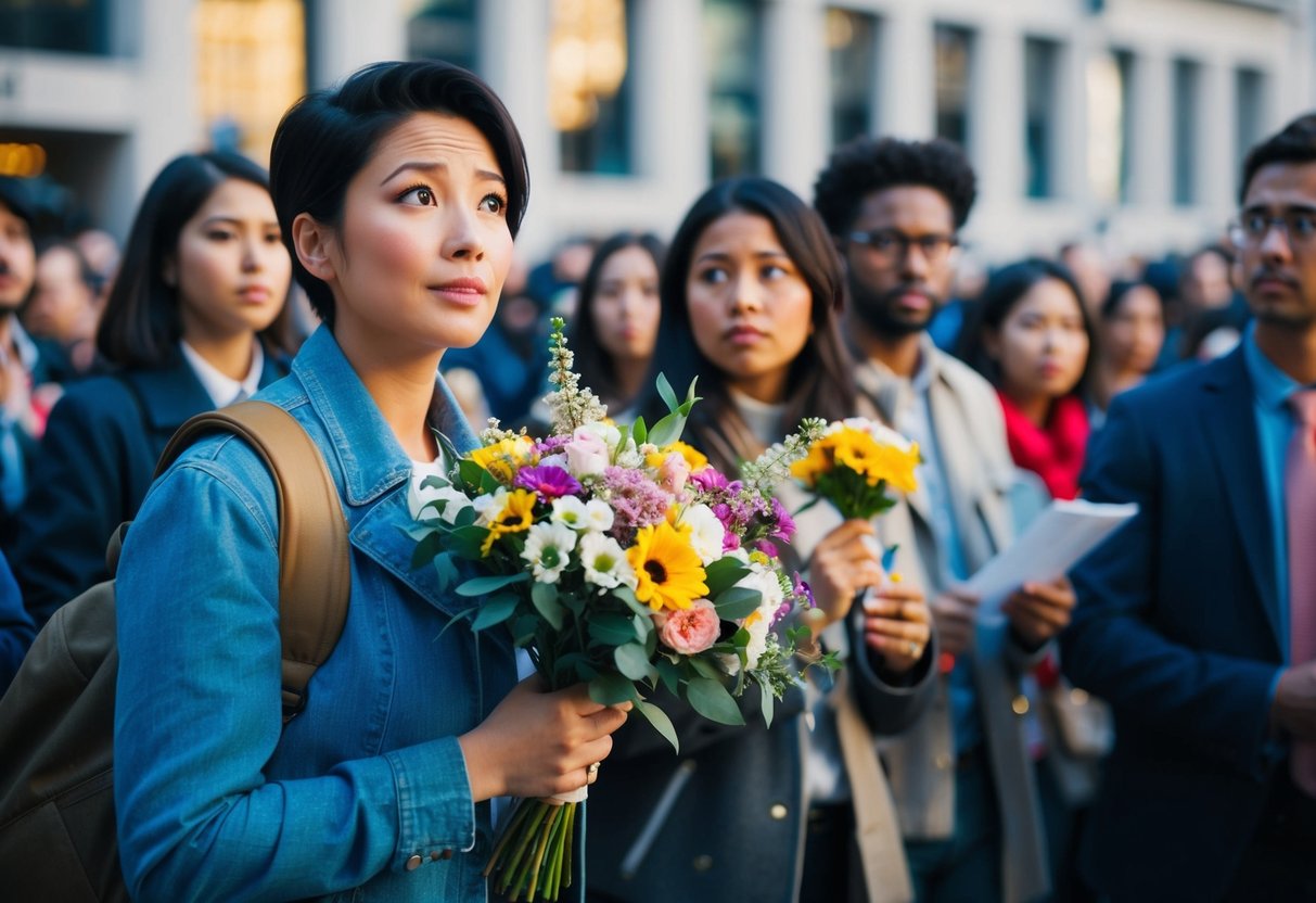 A person standing in a crowd, holding a bouquet of flowers and looking around anxiously