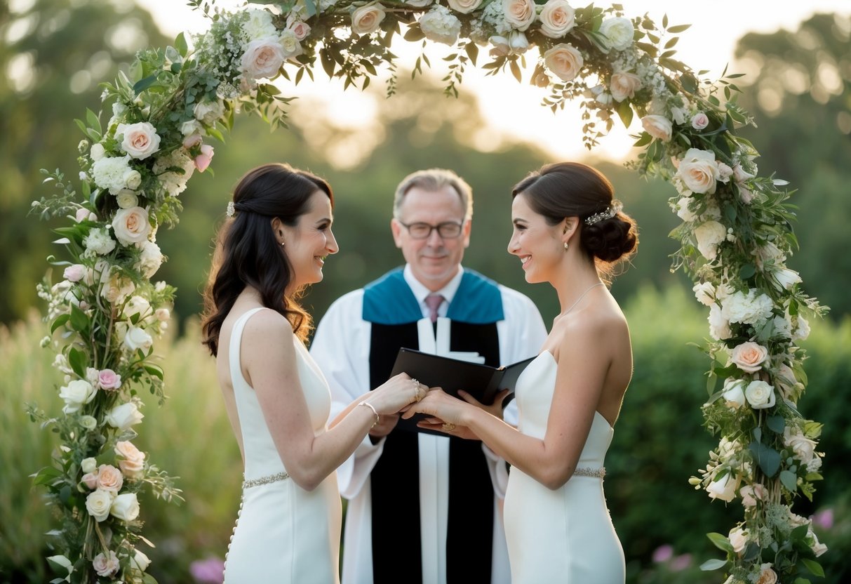 A man and a woman stand facing each other, exchanging rings in front of a wedding officiant. A flower-adorned arch frames the scene