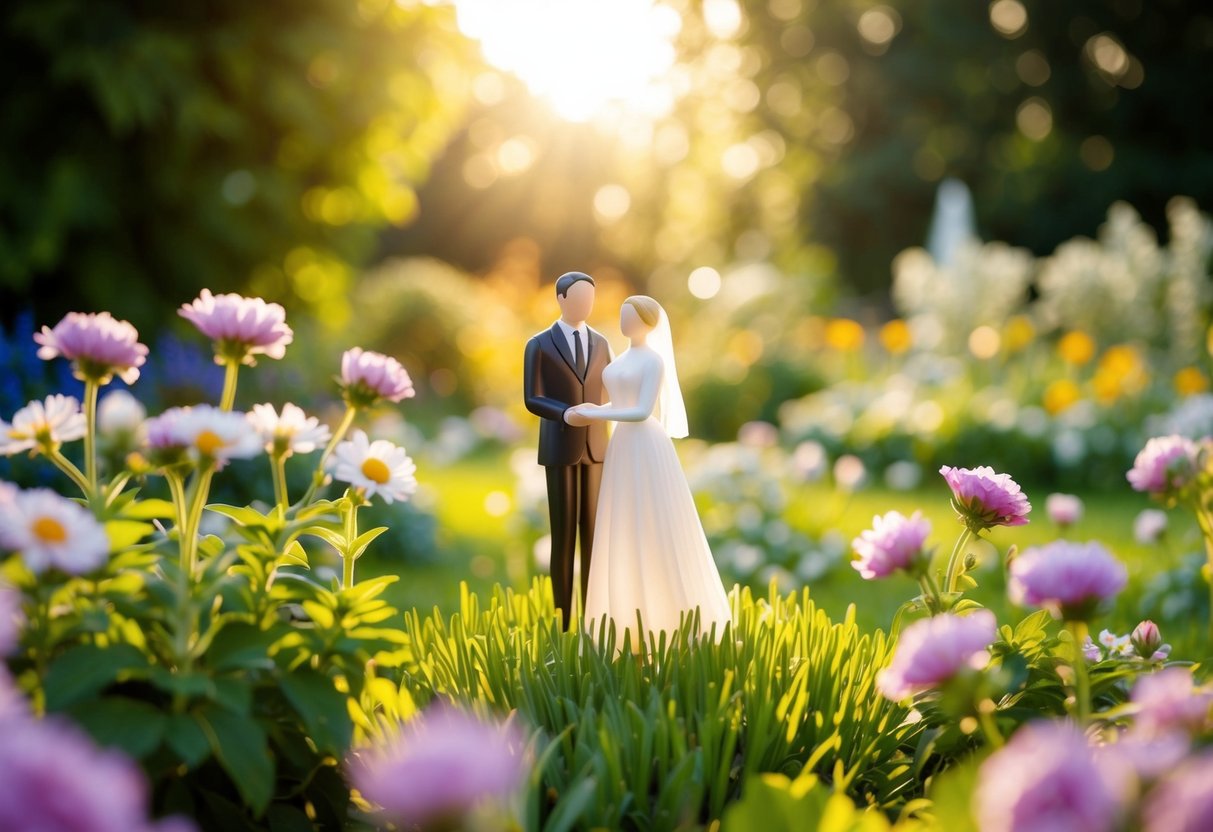 A figure stands in a sunlit garden, surrounded by blooming flowers and a peaceful atmosphere, searching for someone to marry them