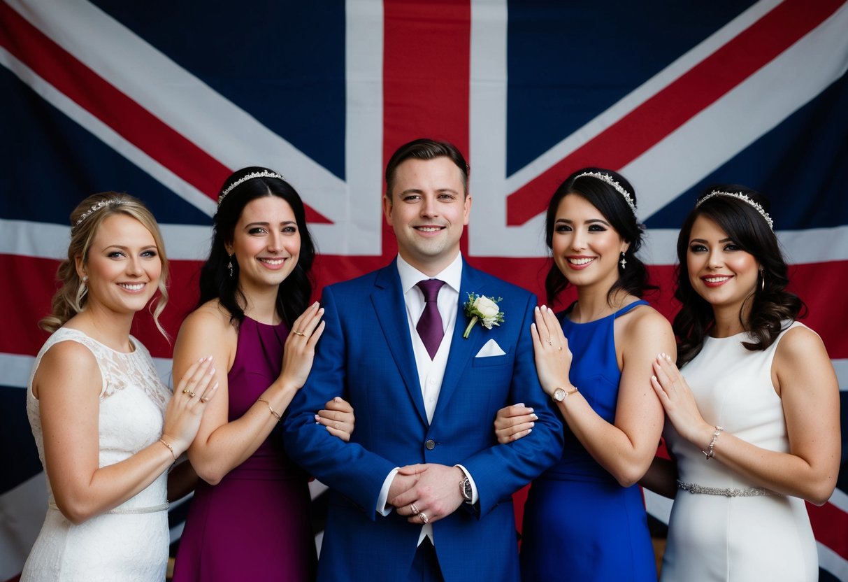 A man with four women, each wearing a wedding ring, standing in front of a British flag