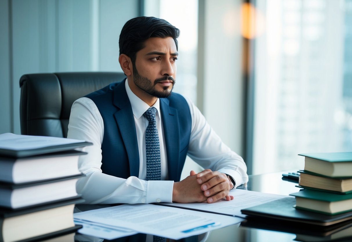 A Muslim man sits at a desk, surrounded by legal documents and a marriage certificate. He looks contemplative, with a mix of concern and determination on his face