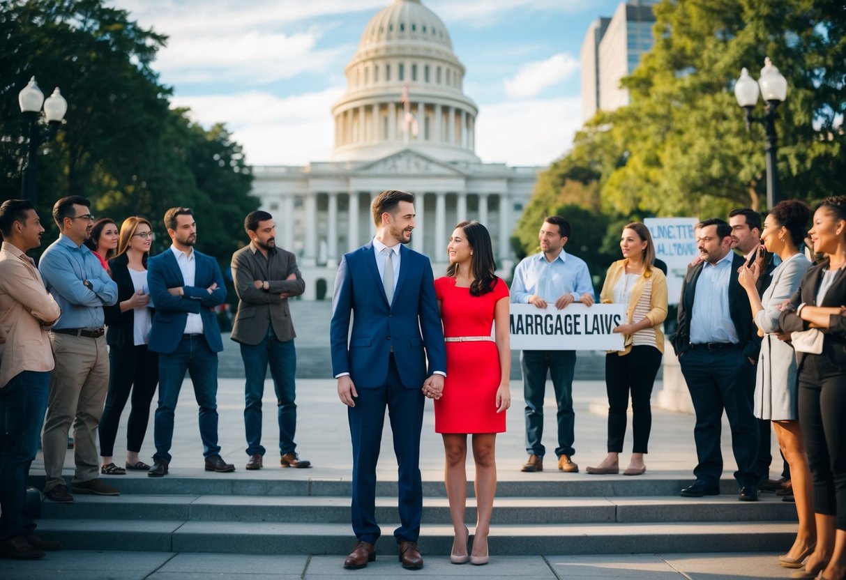 A couple standing in front of a government building, surrounded by confused onlookers and a sign reading "Marriage Laws."