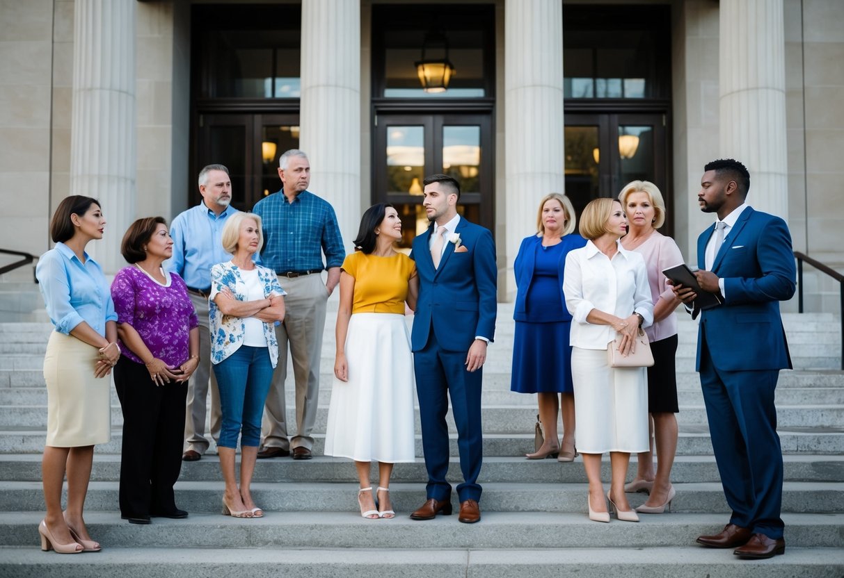 A couple standing before a courthouse, surrounded by concerned family members. They appear anxious as they await a legal ruling on their cousin marriage