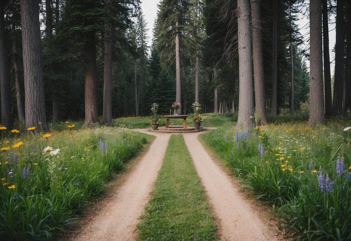 A secluded forest clearing with two intertwined paths leading to a small, rustic altar adorned with wildflowers and surrounded by towering trees