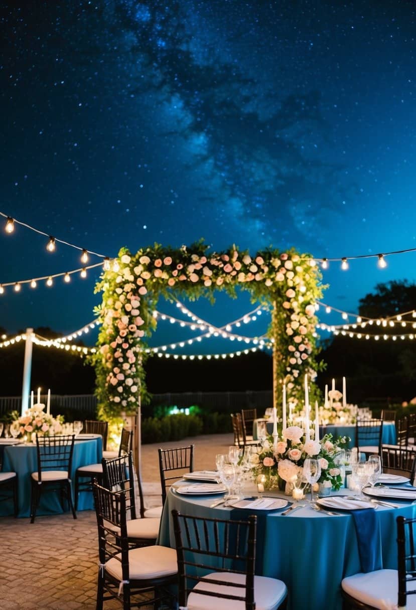 A grand outdoor wedding reception with a floral arch, string lights, and elegant table settings under a starry night sky