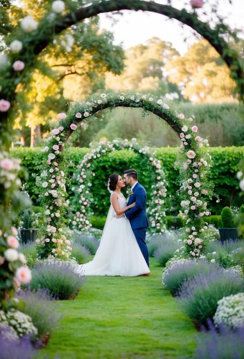 A garden filled with whimsical flower arches, creating a stunning backdrop for a wedding celebration