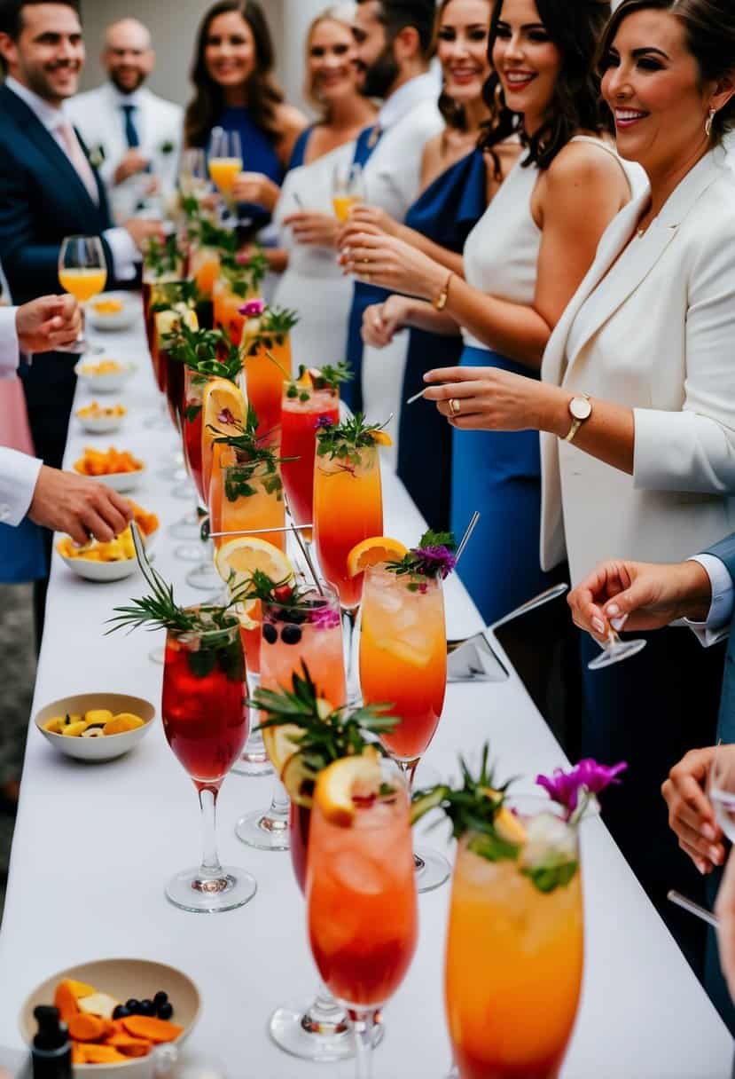 A row of elegant cocktail stations with vibrant drinks and garnishes, surrounded by excited wedding guests mingling and enjoying the interactive experience