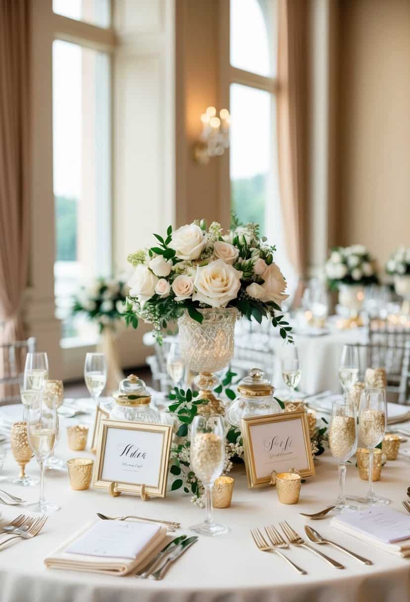 A beautifully decorated table with elegant wedding favors and decorative elements arranged in a stunning display