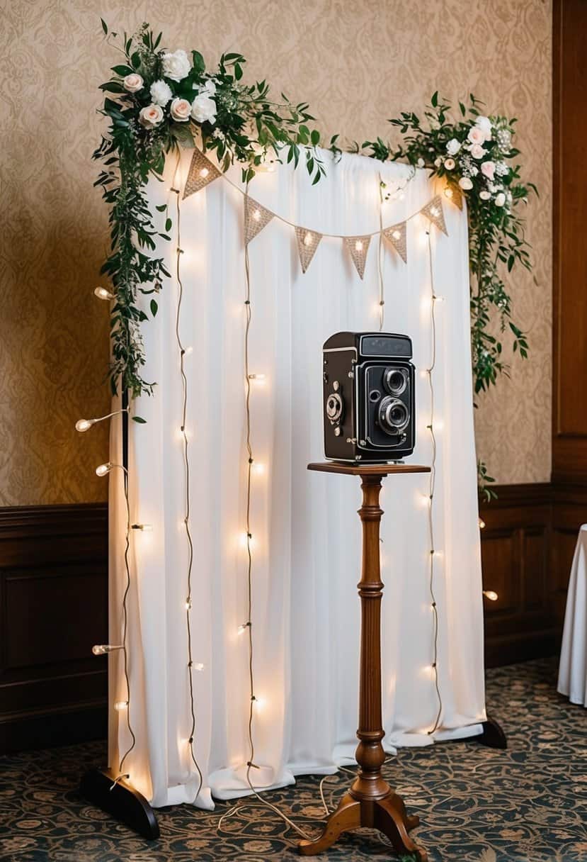 A vintage photo booth at a wedding reception, adorned with string lights and floral decorations, with a backdrop of antique wallpaper and a vintage camera on a wooden stand