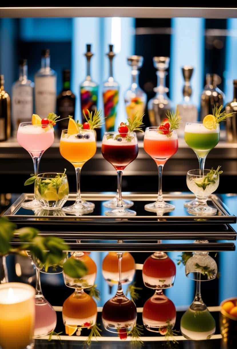 A sleek bar with an array of colorful, elaborate mocktail concoctions displayed on a mirrored surface, surrounded by elegant glassware and fresh garnishes