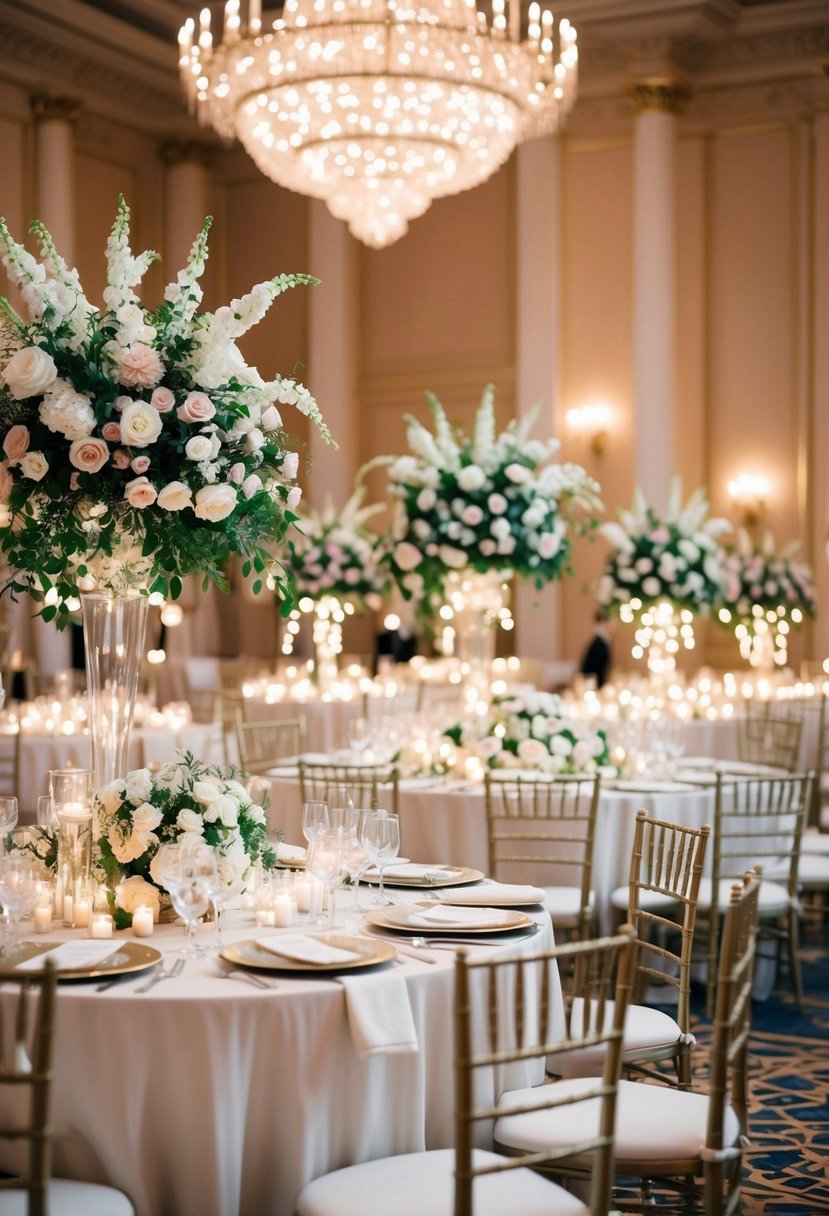 A grand ballroom adorned with opulent floral arrangements, twinkling lights, and elegant table settings, creating a luxurious and romantic wedding ambiance