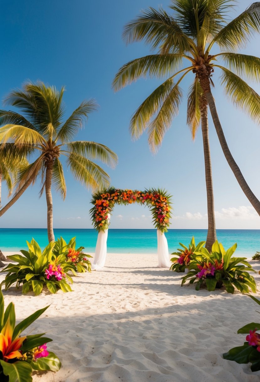 A serene beach with palm trees, crystal-clear waters, and vibrant tropical flowers. A picturesque setting for a stunning wedding theme