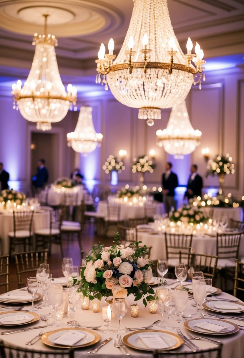 A Parisian-themed wedding reception with elegant decor, including chandeliers, floral centerpieces, and ornate table settings