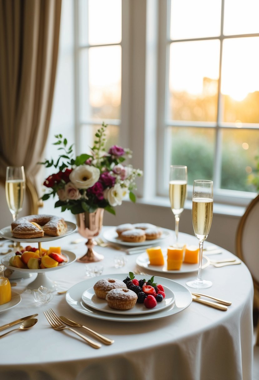 A table set with elegant breakfast items, including pastries, fruits, and champagne flutes, with a floral centerpiece and soft morning light filtering through the window