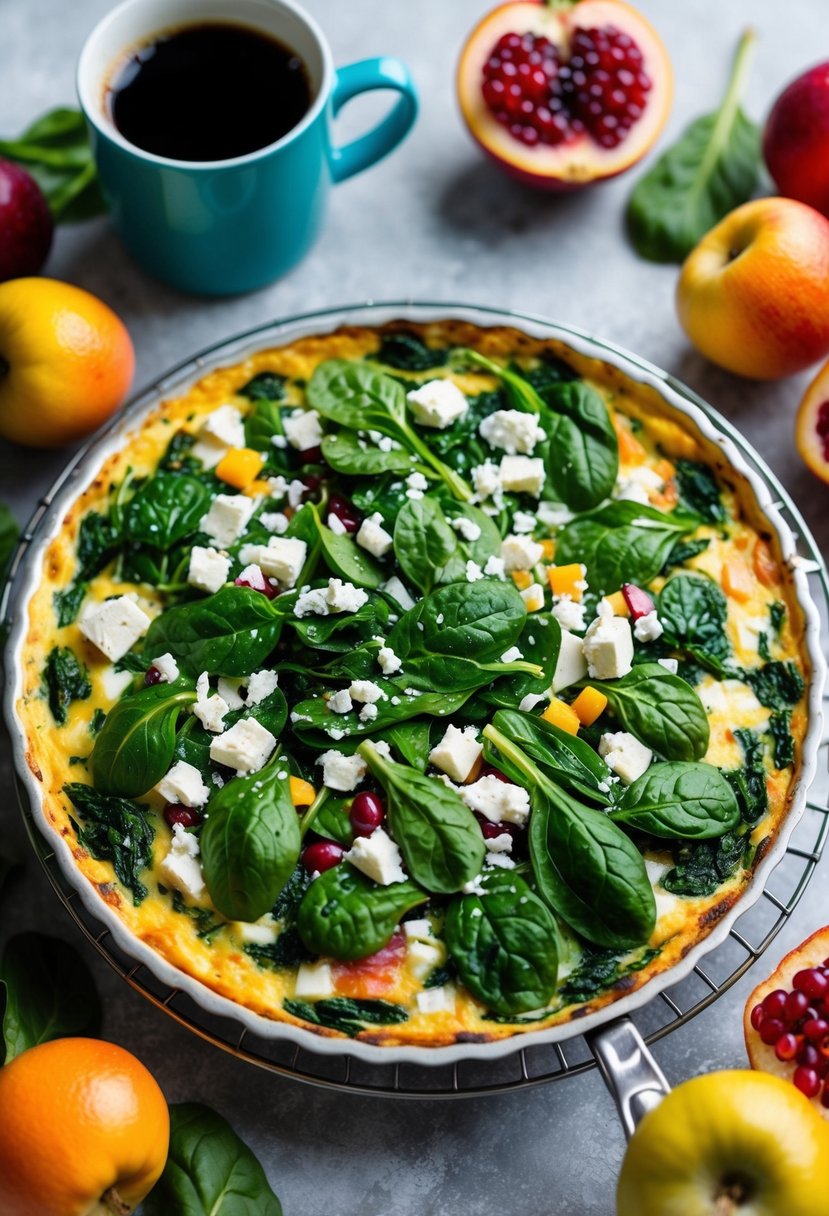 A colorful array of fresh spinach and crumbled feta cheese mixed into a sizzling frittata, surrounded by vibrant fruits and a steaming cup of coffee