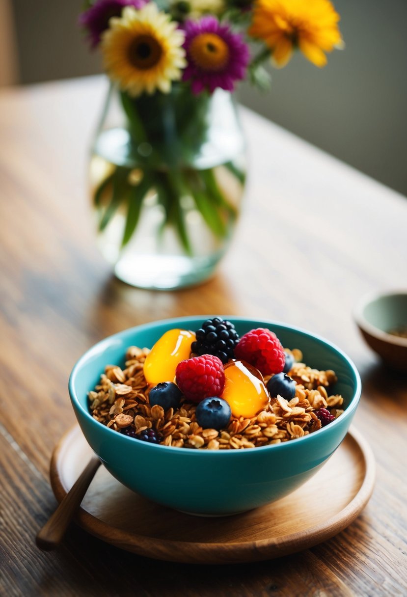 A bowl of granola topped with honey and fresh berries sits on a wooden table, with a vase of flowers in the background