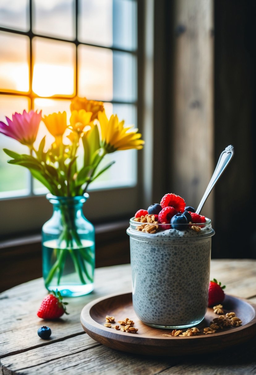 A glass jar of chia seed pudding topped with fresh berries and granola sits on a rustic wooden table next to a vase of flowers. Sunrise streams in through a nearby window