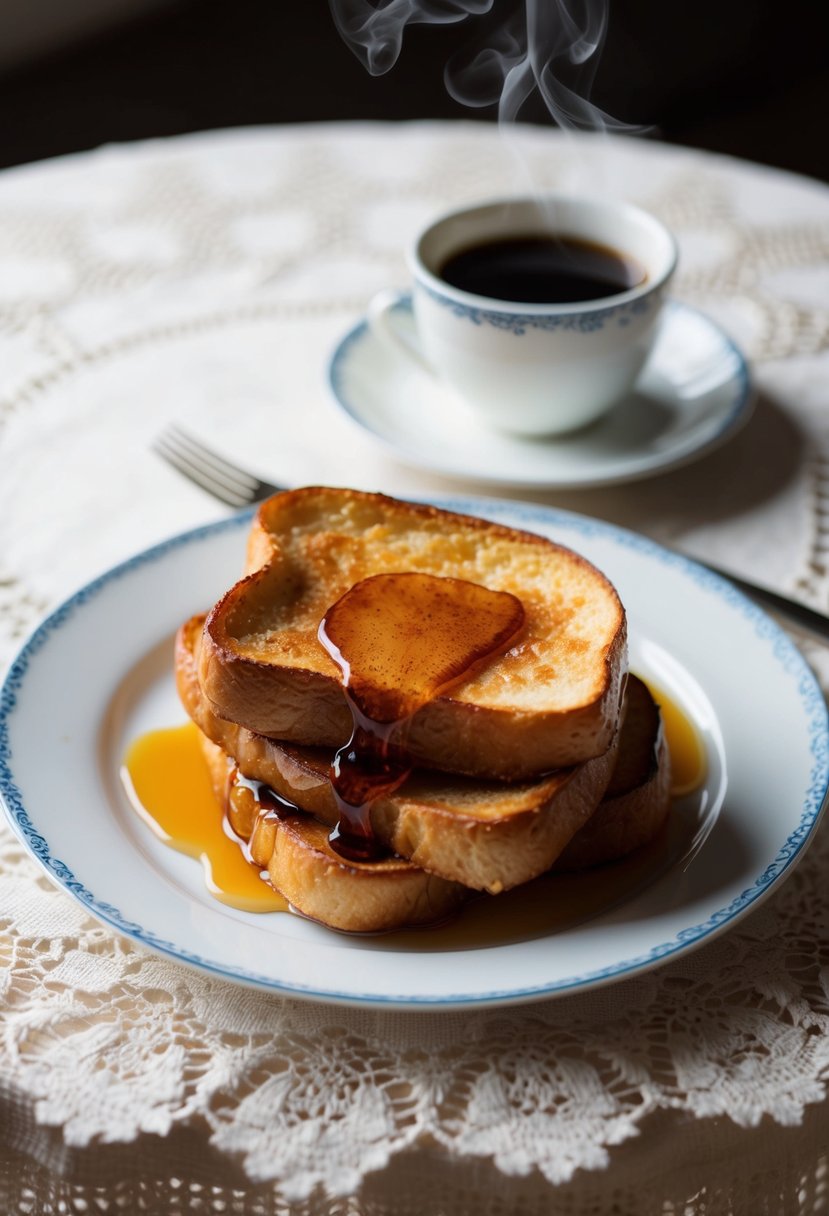 A plate of golden brown sourdough French toast drizzled with maple syrup, accompanied by a cup of steaming coffee, set on a lace-trimmed table