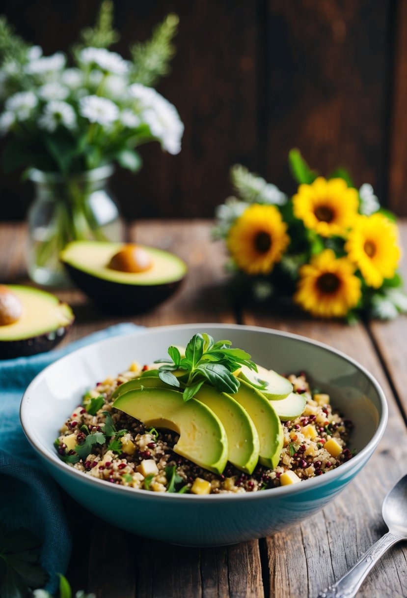 A colorful quinoa breakfast bowl topped with sliced avocado and fresh herbs, set on a rustic wooden table with a bouquet of flowers in the background