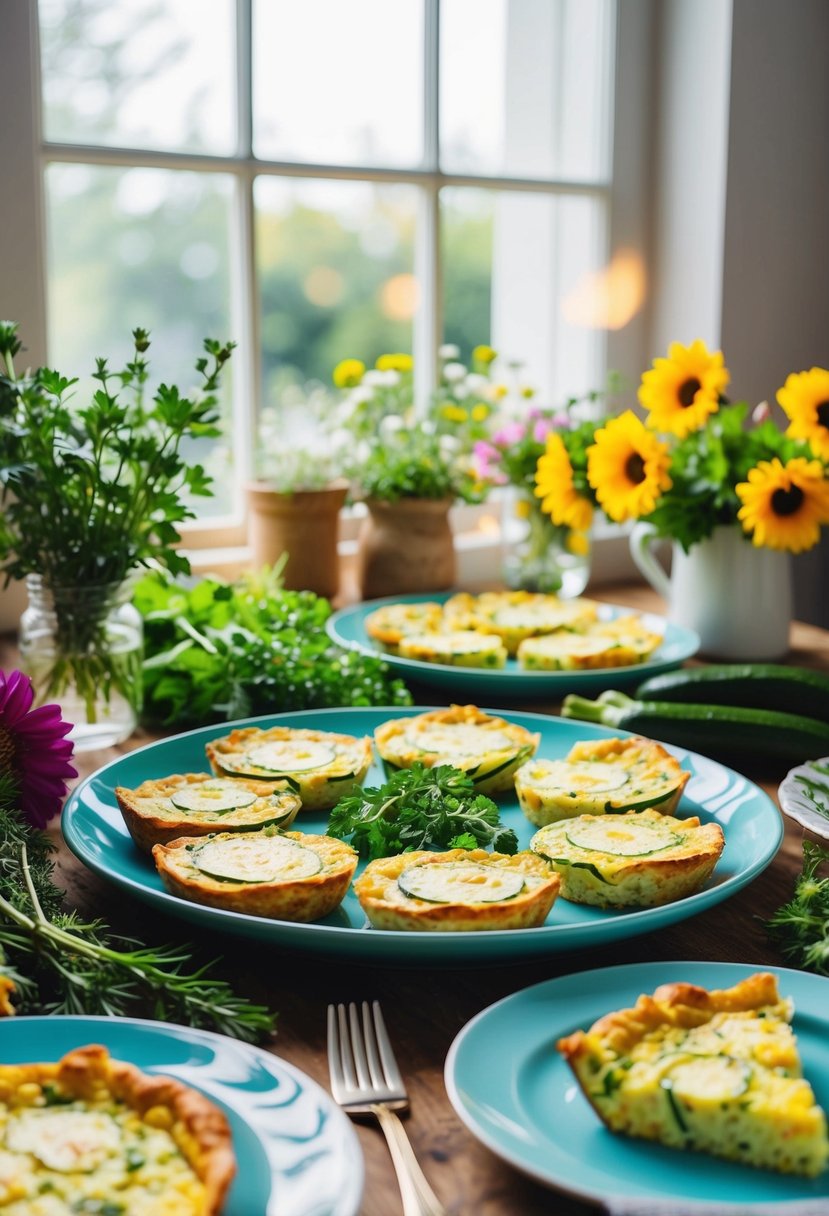 A rustic kitchen table set with a colorful array of zucchini and cheese frittatas, surrounded by fresh herbs and flowers, with morning sunlight streaming in through a window
