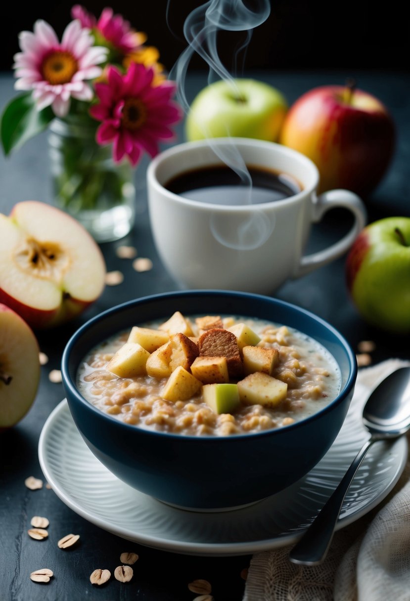 A bowl of cinnamon apple oatmeal sits on a table with a spoon and a steaming cup of coffee, surrounded by fresh fruit and flowers