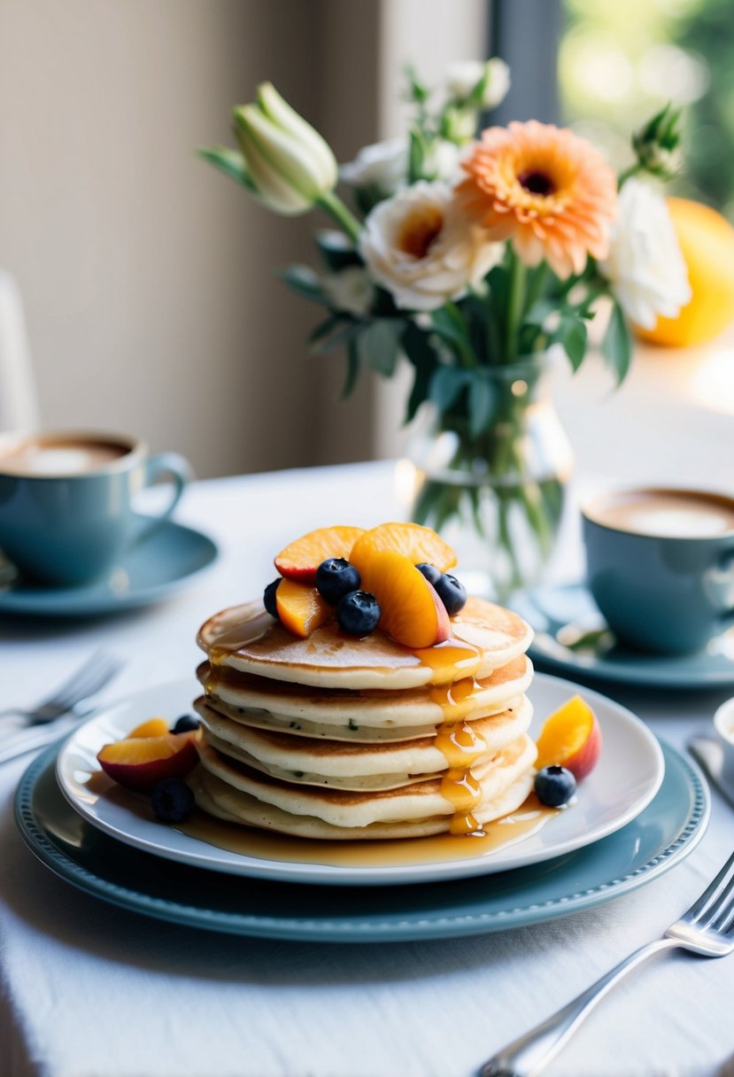 A table set with a stack of peach and ricotta pancakes, topped with fresh fruit and drizzled with syrup. A vase of flowers and a cup of coffee complete the morning wedding breakfast scene