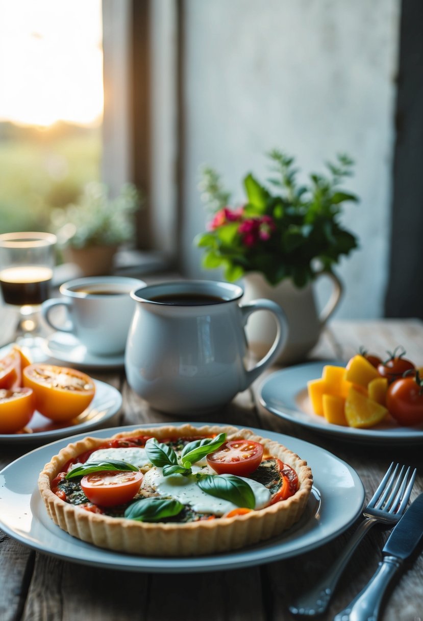 A rustic breakfast table set with a tomato basil mozzarella tart, fresh fruit, and a pot of coffee, bathed in soft morning light
