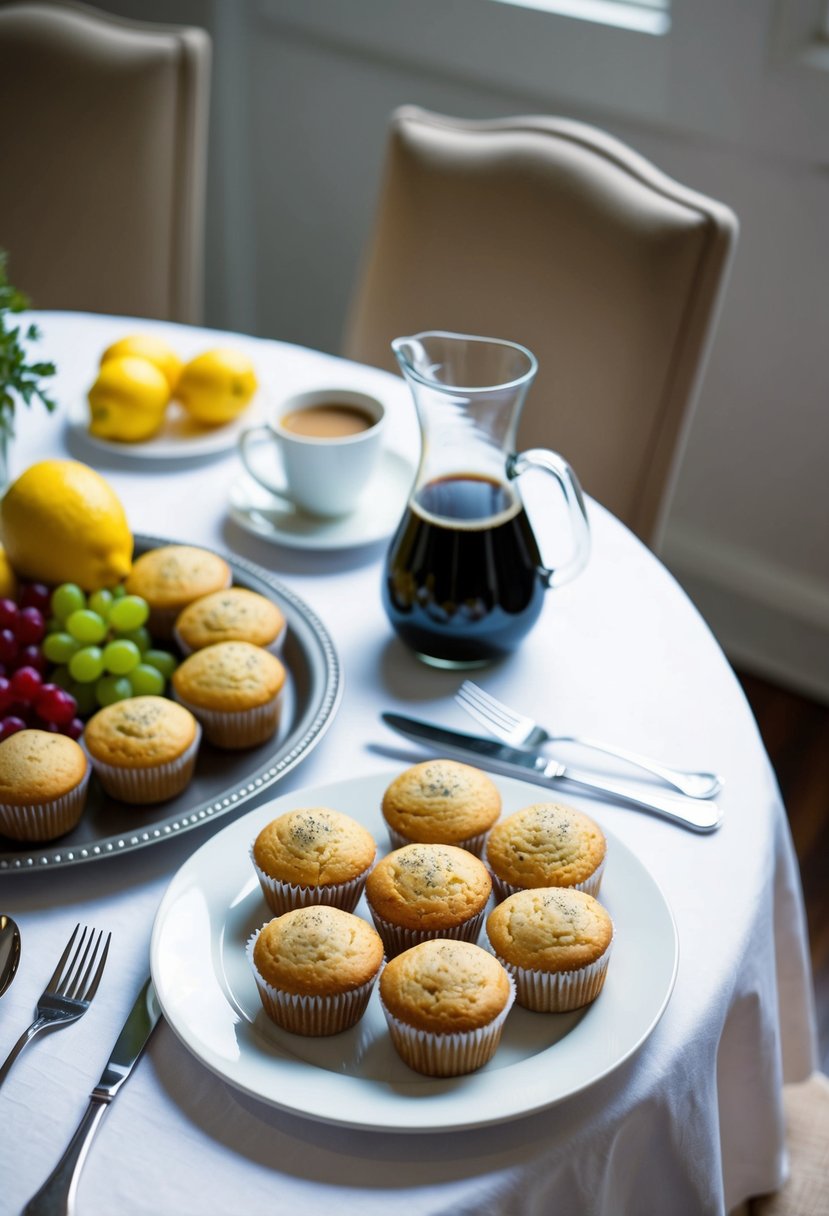 A table set with a white tablecloth, adorned with a platter of lemon poppy seed muffins, fresh fruit, and a carafe of coffee