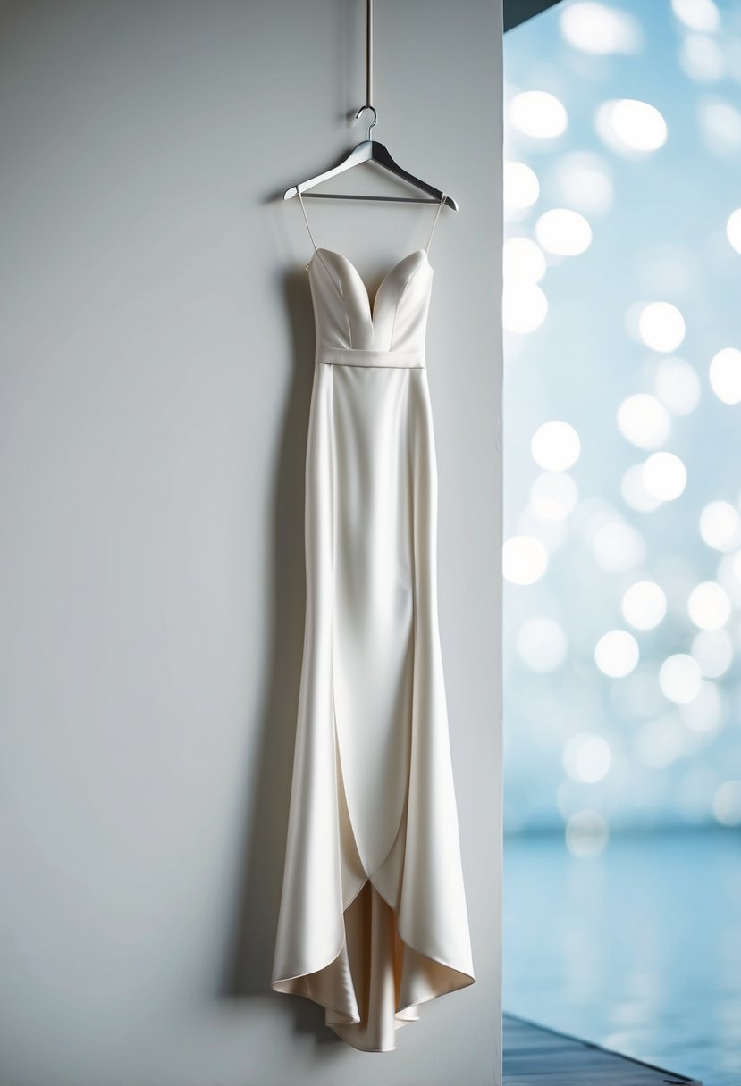A satin sheath wedding dress hanging on a sleek modern hanger against a minimalist backdrop