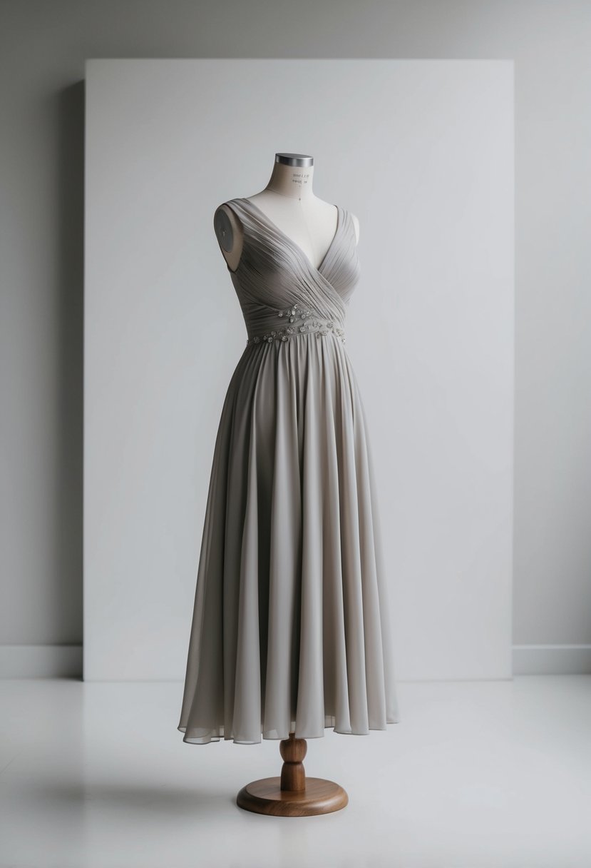 A flowing midi dress with elegant details, set against a minimalist backdrop