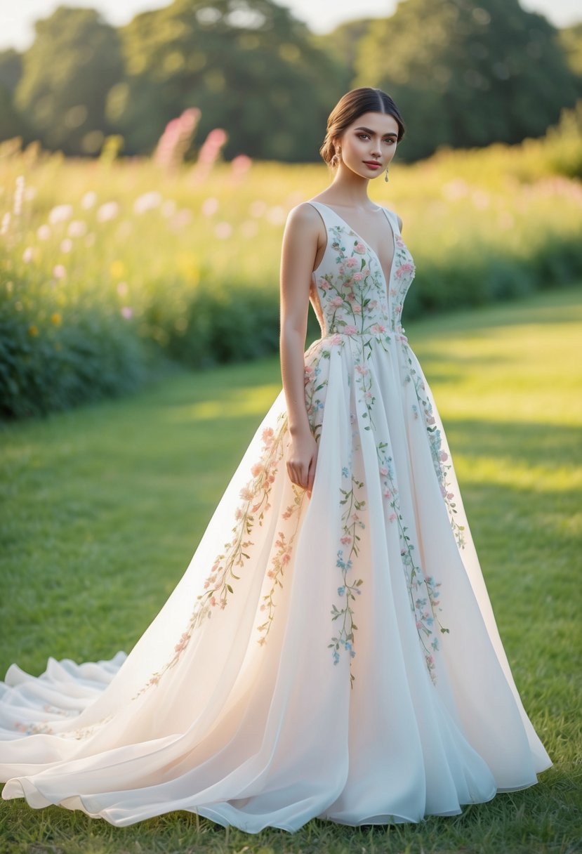 A flowing gown with delicate floral embroidery, set against a serene backdrop of a garden or meadow