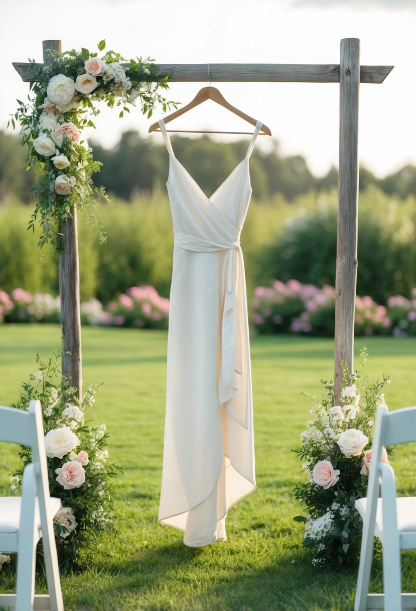 A serene outdoor wedding ceremony with a simple linen wrap dress hanging on a rustic wooden hanger, surrounded by blooming flowers and greenery