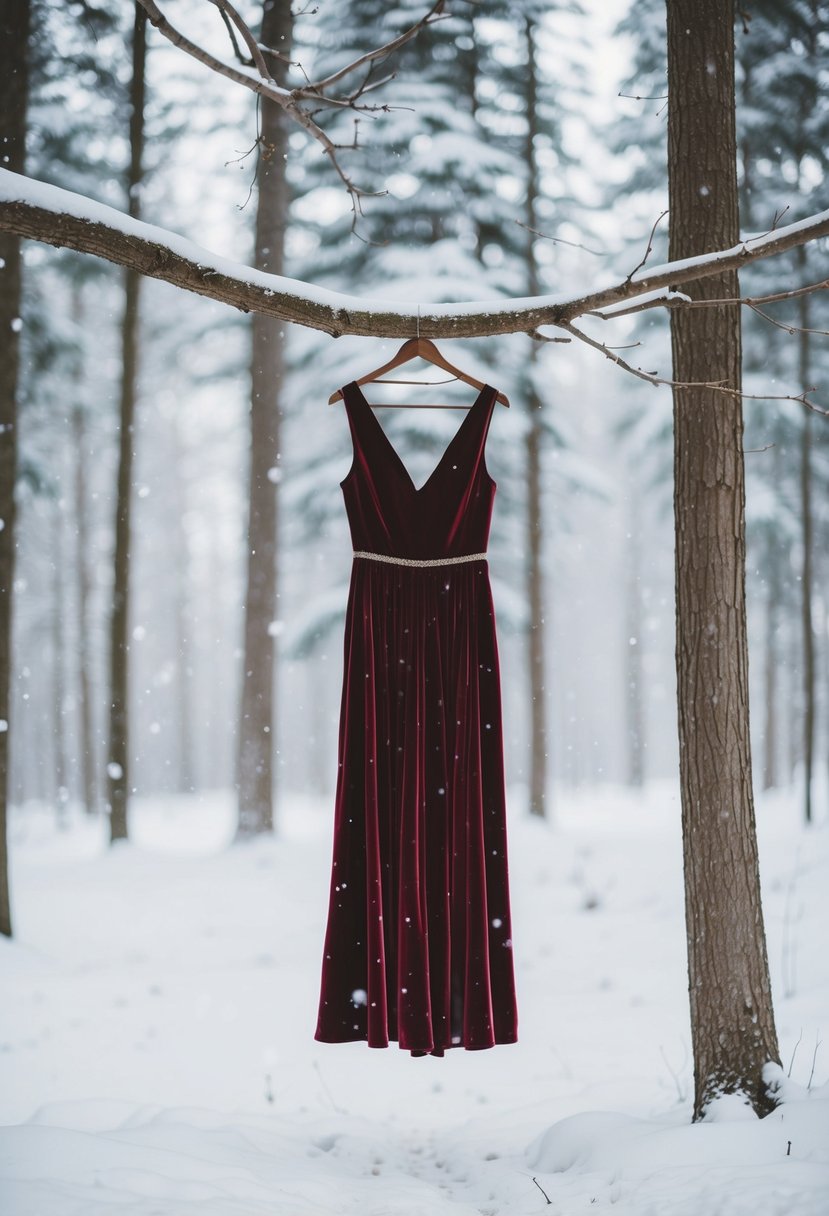 A snowy forest clearing with a lone velvet winter dress hanging from a tree branch, surrounded by delicate snowflakes