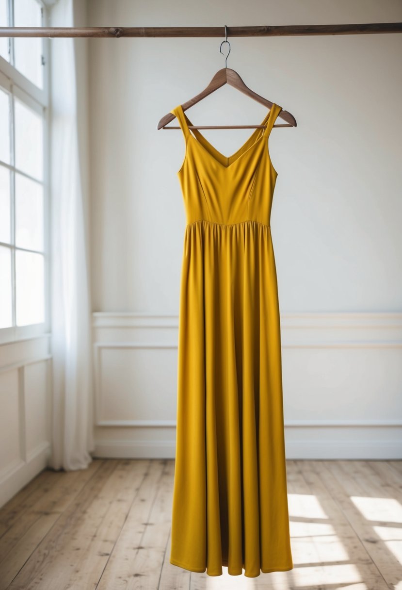 A mustard yellow maxi dress hanging on a rustic wooden hanger in a sunlit room with a simple and elegant backdrop