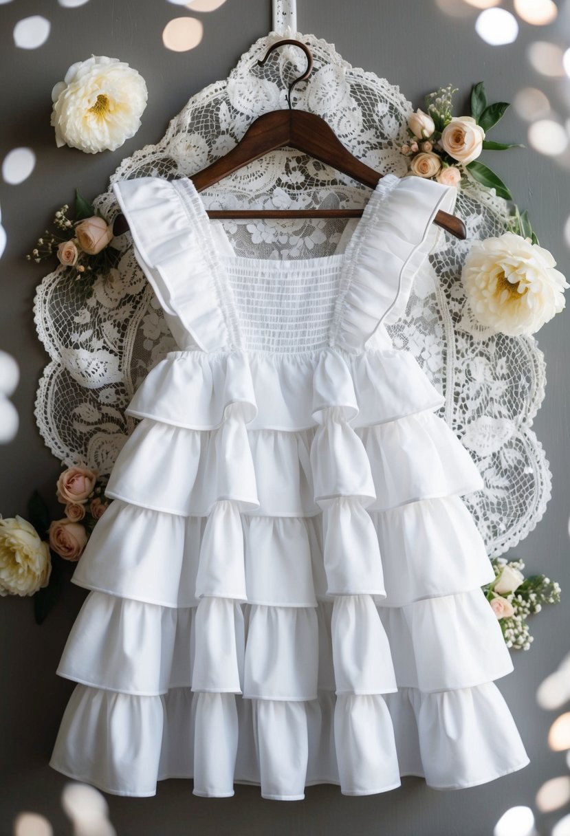 A white ruffled dress hanging on a vintage wooden hanger, surrounded by delicate lace and floral accents