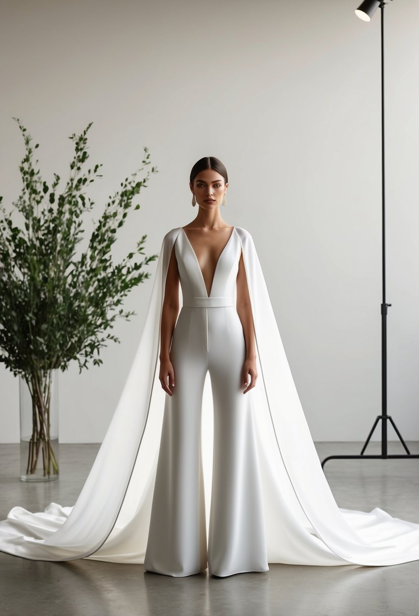 A flowing white bridal jumpsuit with a detachable cape, set against a minimalist backdrop of greenery and soft lighting
