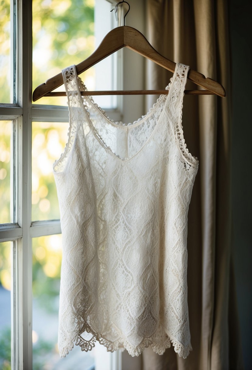 A delicate lace tank dress hanging on a rustic wooden hanger, with soft natural light filtering through the window onto the fabric