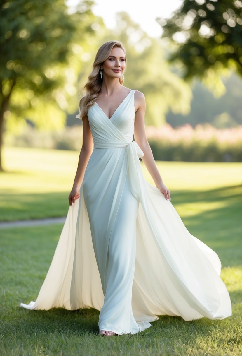 A flowing, elegant convertible wrap dress in a serene outdoor wedding setting with soft natural lighting