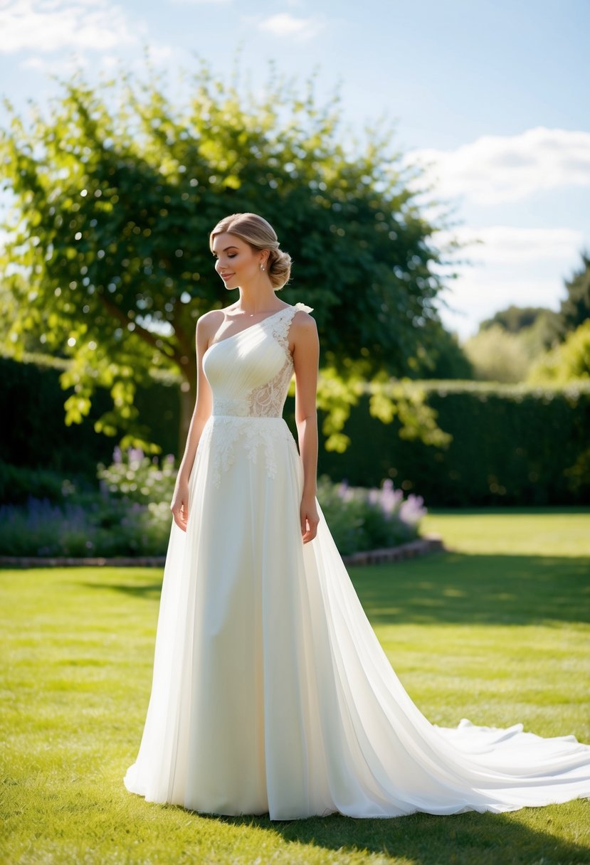 A bride stands in a sunlit garden, wearing a flowing one-shoulder A-line wedding dress, with delicate lace detailing and a subtle train