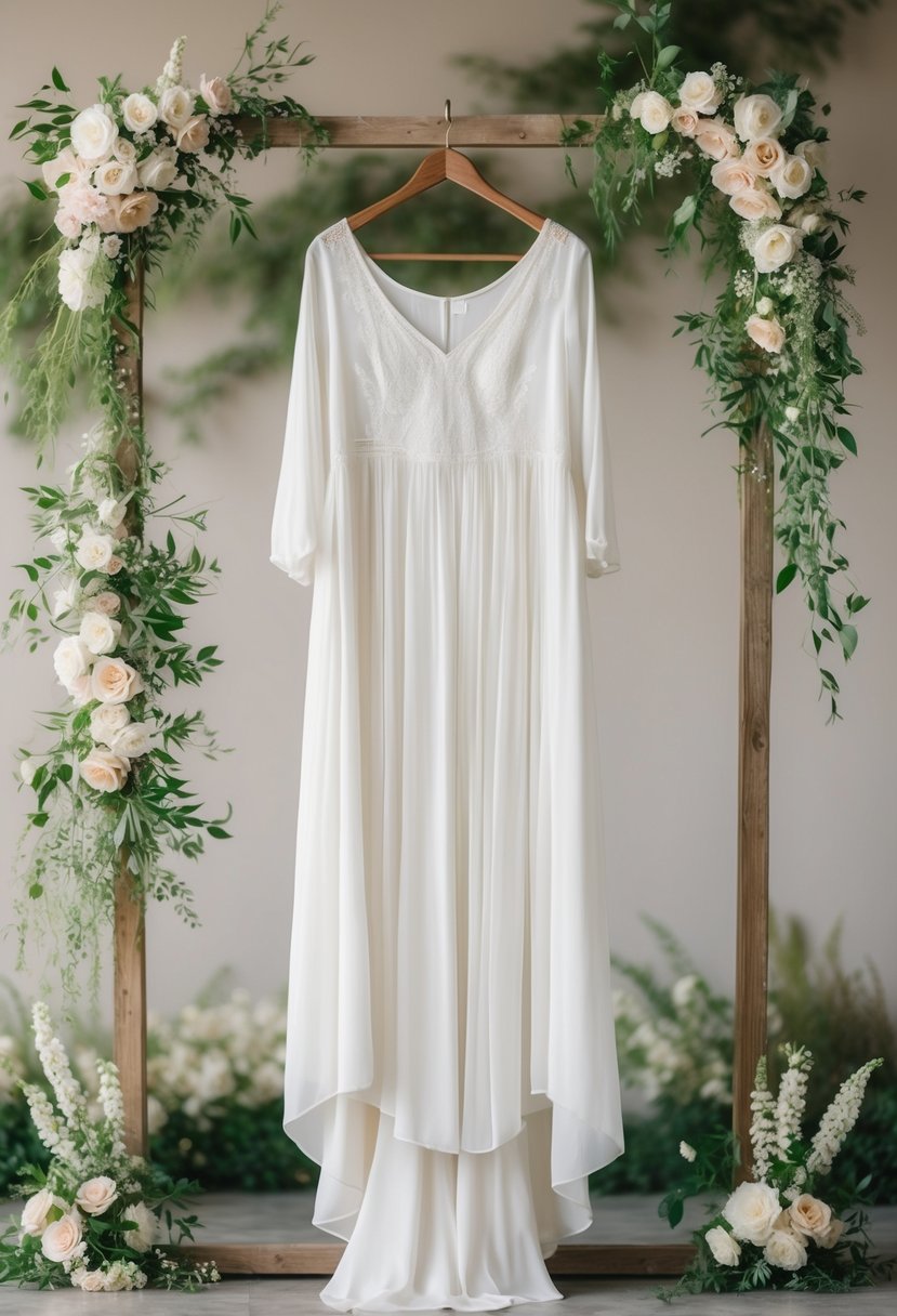 A flowing tunic-style wedding dress hangs on a rustic wooden hanger, set against a backdrop of soft, delicate flowers and greenery