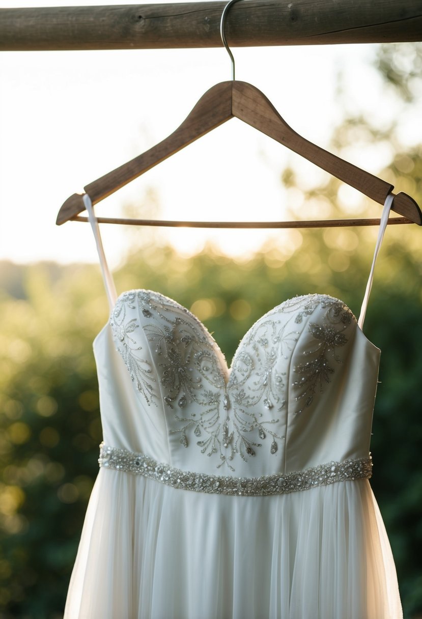 A simple wedding dress with a beaded bodice hanging on a vintage wooden hanger, surrounded by soft natural light