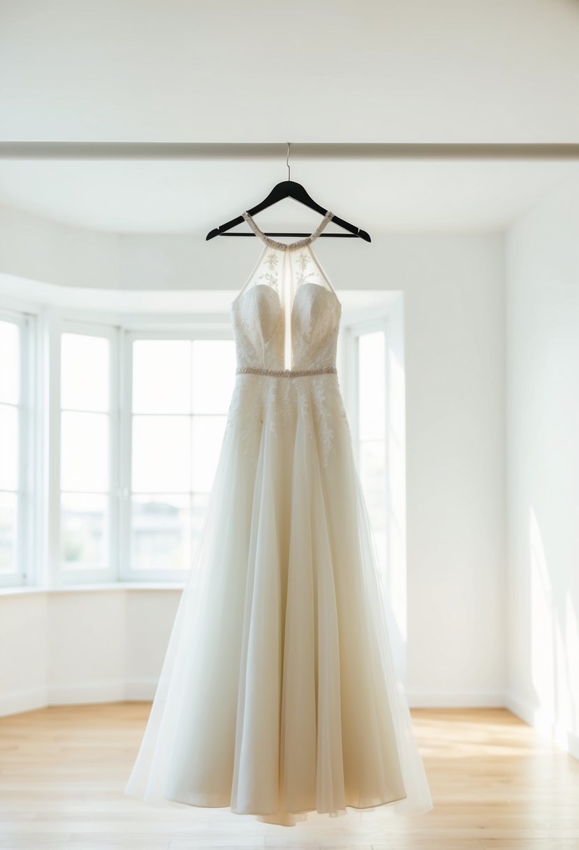 An elegant halter neck wedding dress hanging on a minimalist hanger in a bright, airy room with soft natural lighting