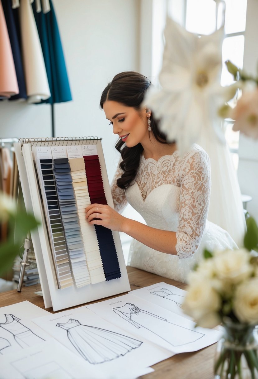 A bride-to-be browsing through fabric swatches, surrounded by simple wedding dress sketches and design ideas